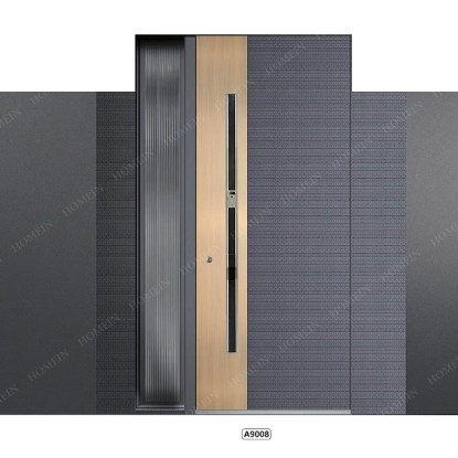 Slika Dark Grey Carved Texture Metal Ma-So Door with Golden Decorative Metal Panels