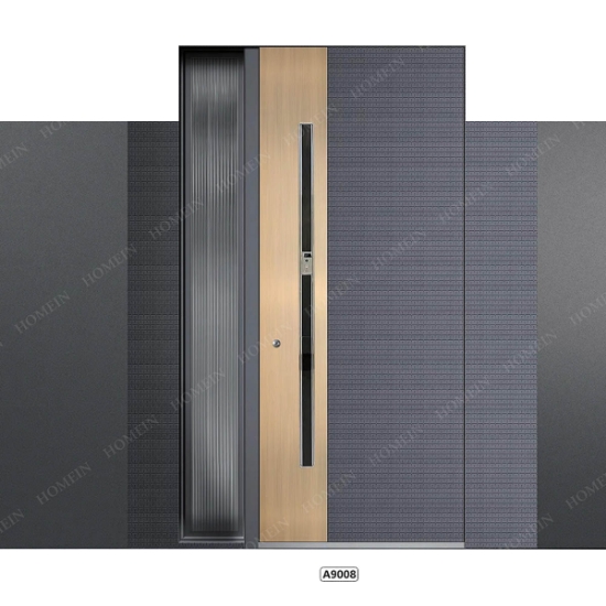 Picture of Dark Grey Carved Texture Metal Ma-So Door with Golden Decorative Metal Panels