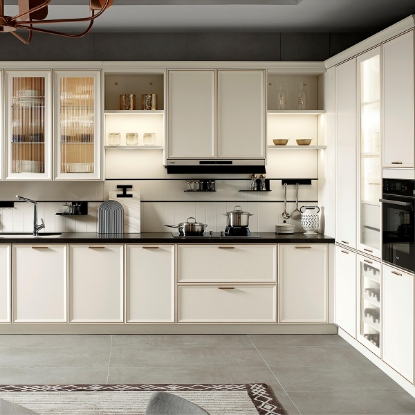 Slika Light Luxury White Kitchen Cabinet, Brushed Brass Accents & Striped Glass, PVC Finish
