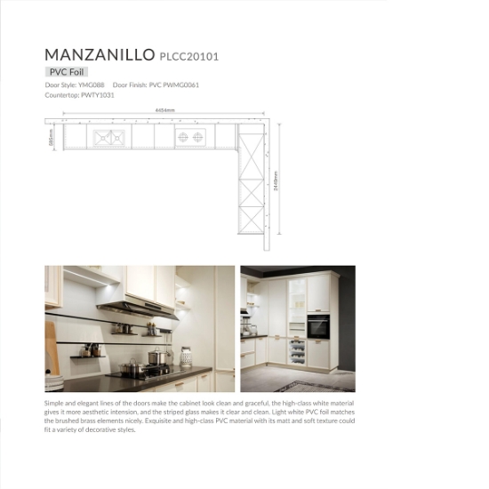 Picture of Light Luxury White Kitchen Cabinet, Brushed Brass Accents & Striped Glass, PVC Finish