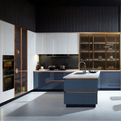 Slika White - Blue - Gold Color, High - End UV Lacquer Kitchen Cabinet, Metal Accents, Glass Display Cabinets, Open Layout