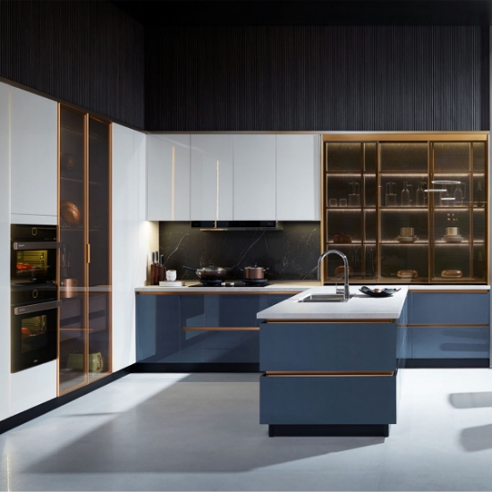 Picture of White - Blue - Gold Color, High - End UV Lacquer Kitchen Cabinet, Metal Accents, Glass Display Cabinets, Open Layout