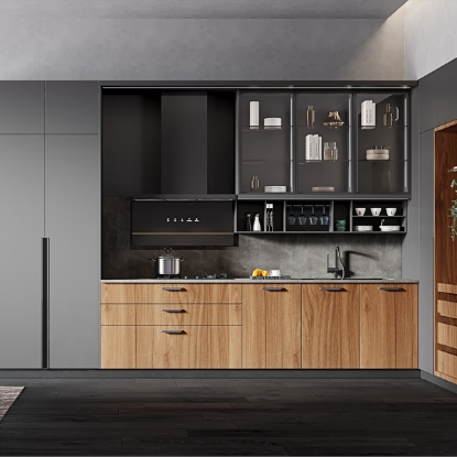 Slika Cool - Tone High - End UV Lacquer Kitchen Cabinet, Neutral Grey Color, Minimalist Details, Glass - Door Structure