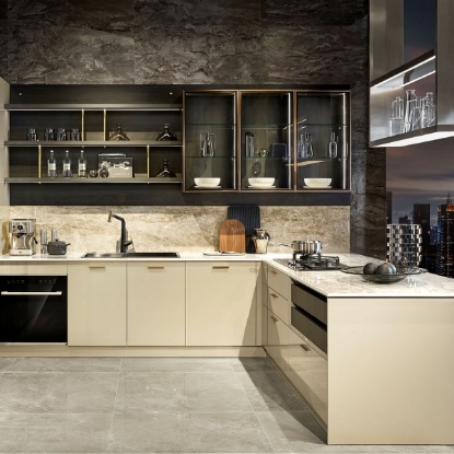Slika Modern Textured Lacquer Kitchen Cabinet - Beige & Black, Polished Stone, Gold Decorative Lines