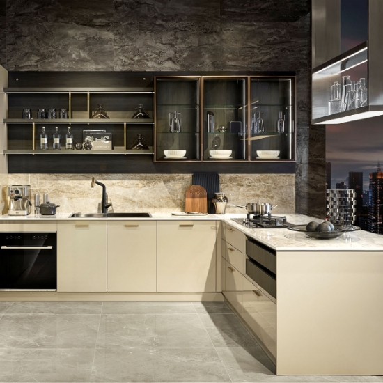 Picture of Modern Textured Lacquer Kitchen Cabinet - Beige & Black, Polished Stone, Gold Decorative Lines