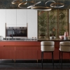 Picture of Artistic Glass Lacquer Kitchen Cabinet, White - Red Color Block, Matte Lacquer, Plant - Patterned Glass Display Stand