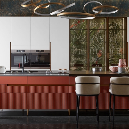 Slika Artistic Glass Lacquer Kitchen Cabinet, White - Red Color Block, Matte Lacquer, Plant - Patterned Glass Display Stand