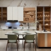 Picture of Stylish Color - Block Kitchen Cabinet, Wood Elements, Glass Doors, Combined Dining & Cooking
