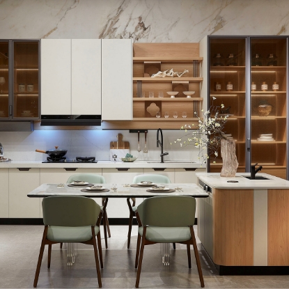 Slika Stylish Color - Block Kitchen Cabinet, Wood Elements, Glass Doors, Combined Dining & Cooking