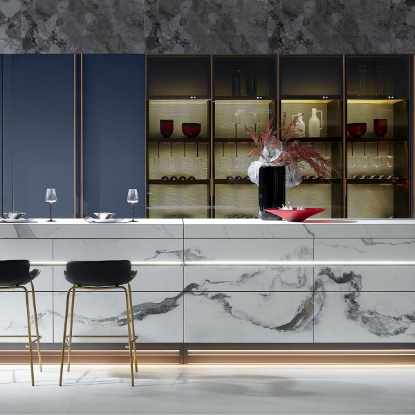 Slika Exquisite Sintered Surface Island Cabinet, Marble Pattern, Built - in Lighting, Wine Cabinet Integration