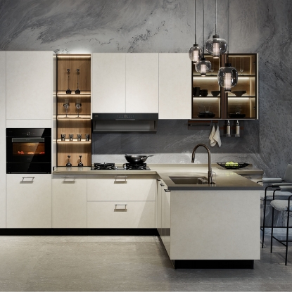 Slika Simple UV Lacquer Kitchen Cabinet, Multi - Drawer Design, Integrated Island, Soft Lighting