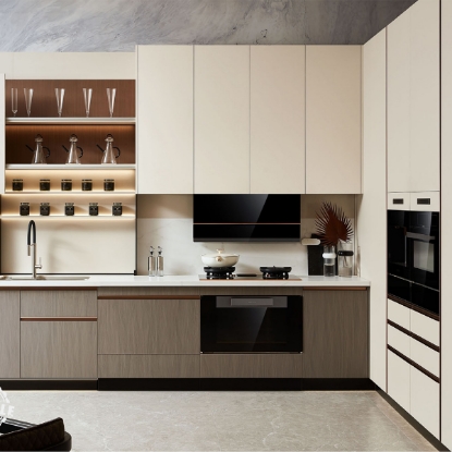 Slika Modern UV Lacquer Kitchen Cabinet, Wood - White Color Block, Built - in Appliances, Multi - Zone Storage