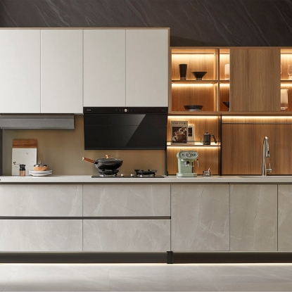 Slika Modern Melamine Kitchen Cabinet, Block Melamine Kitchen Cabinet, Textured Finish, Layered Storage, Open Display