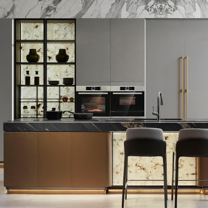 Slika Luxury Lacquer Kitchen Island, Grey - Gold Splicing, Glass Display Cabinets, Marble Countertop