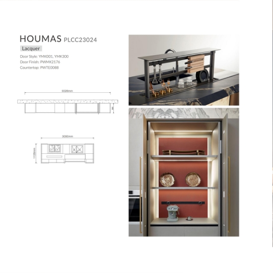 Picture of Luxury Lacquer Kitchen Island, Grey - Gold Splicing, Glass Display Cabinets, Marble Countertop
