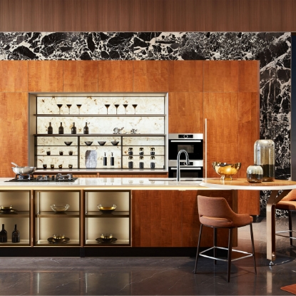 Slika Exquisite Wood Veneer Kitchen Cabinet, Wood - Color Splicing, Glass Display, Urban View Design