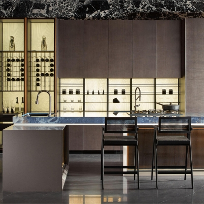 Slika Luxury Wood Veneer Full Kitchen Cabinet, Dark Wood Color, Ambient Lighting,  Urban View Fit